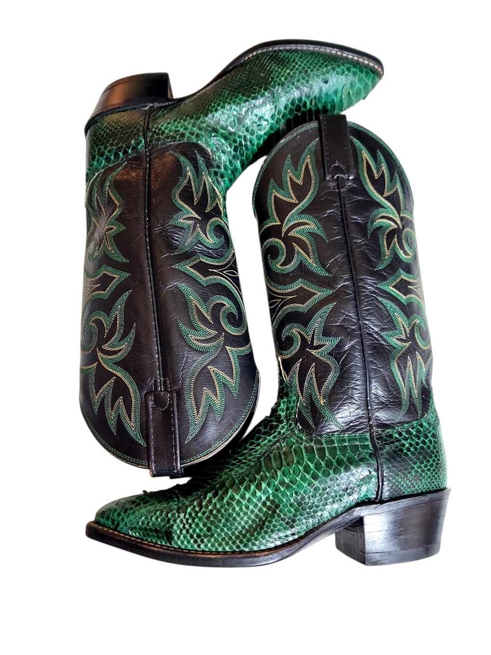 Dan Post Emerald Green Snakeskin Embossed Cowgirl Western Boots 8 Vintage - Picture 9 of 14